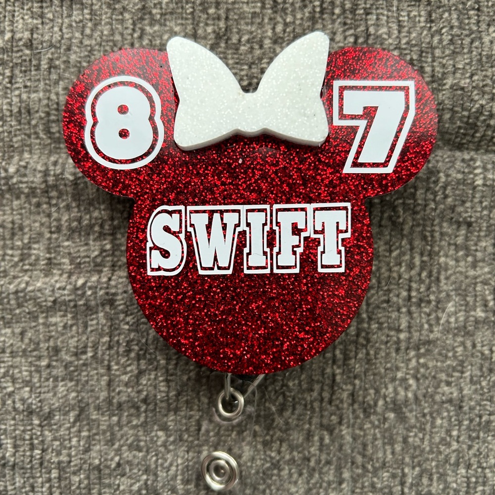 Red and white girl mouse head retractable name badge reel ID name tag holder